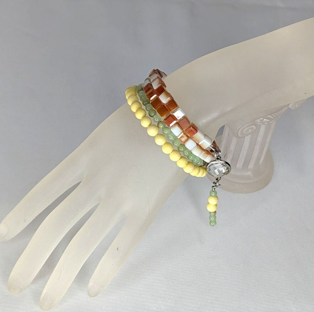Adjustable Bracelet - 3 Coil, Yellow Jade, Amber, & Green Beads with Dangles
